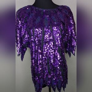 Vtg 100% Silk Women's Purple Beaded Sequined Short Sleeved Blouse Size 40